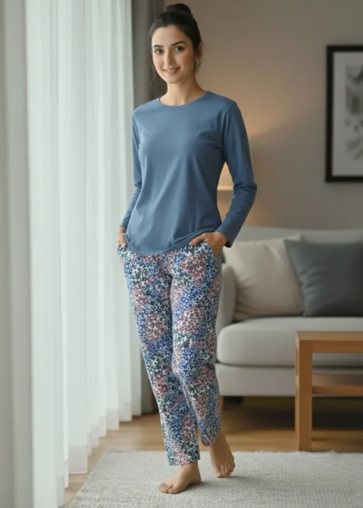 Coal Bones Women's Long Sleeve Nightwear Pajama Set-Steel Blu
